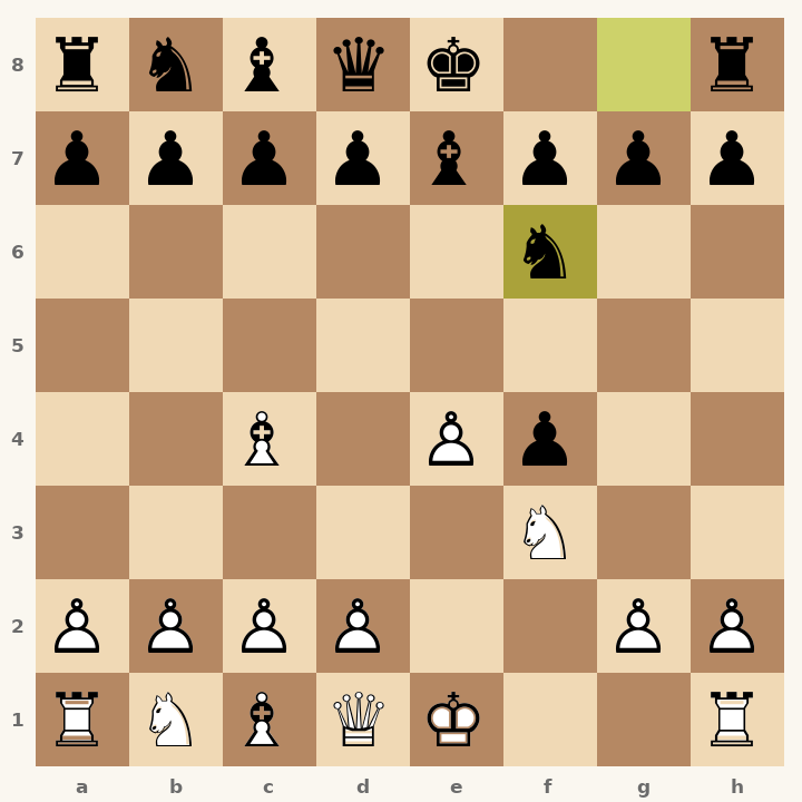 Chess diagram: King's Gambit Accepted: Cunningham Defense, McCormick Defense after 4…Nf6