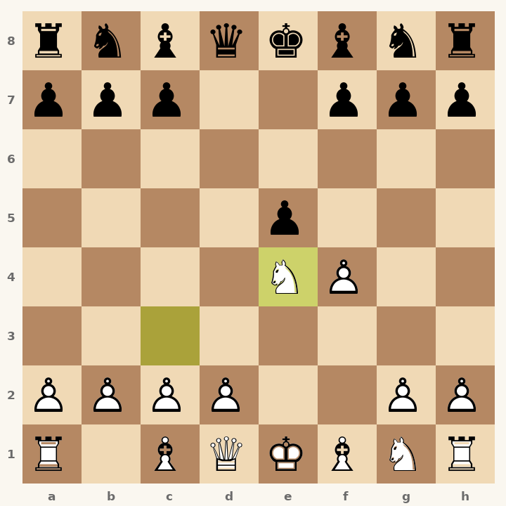 Chess diagram: Van Geet Opening: Grünfeld Defense, Steiner Gambit after 4. Nxe4